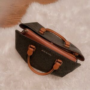Michael Kors Dark Brown Logo Satchel with Tan Handles